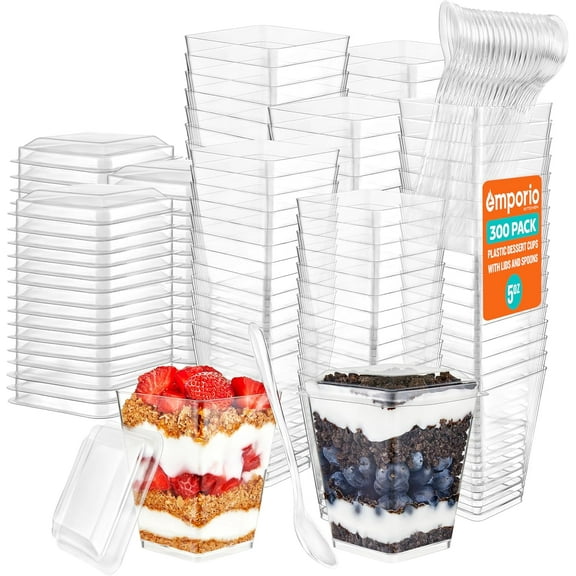 5oz Plastic Dessert Cups with Lids and Spoons - Appetizer Cups for Pudding, Parfait, Ice Cream, and Cocktails, Clear Reusable Serving Cups, Elegant Design, Pack of 300