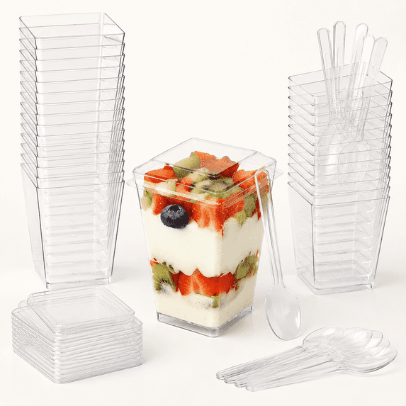Square Stackable Cup 5oz Plastic Dessert Cups with Lids and Spoons, Clear Yogurt Parfait ...