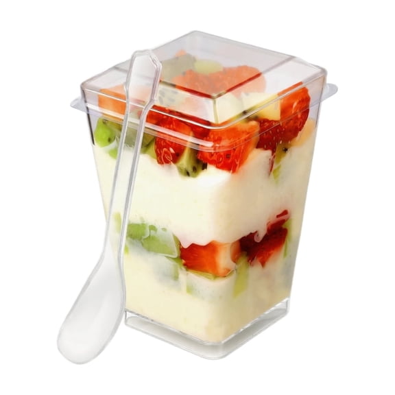 5oz Square Mousse Cup with Lid and Spoon Disposable Plastic Dessert Container for Pudding Jelly Cake Parfait Parties Events