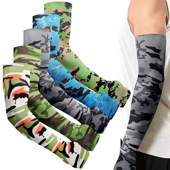 5pair UV Sun Protection Arm Sleeves, DISEN Women Men Camouflage Arm Cooling Sleeves Covers with Thumb Hole, UPF 50+