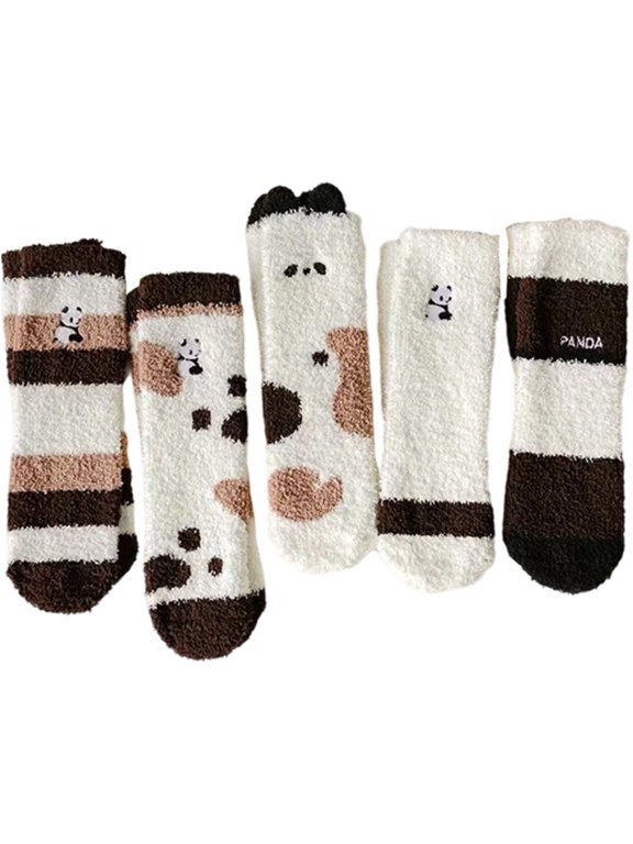 5pair Winter Fleece Socks Ankle Animal Print Non Slip Long Warm Lounge Slipper Fluffy Middle Tube Sock for Women