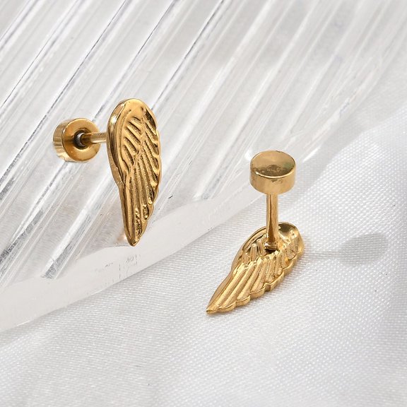 5pairs 304 Stainless Steel Stud Earrings Ion Plating(IP) Wing Left and Right golden 13x5mm