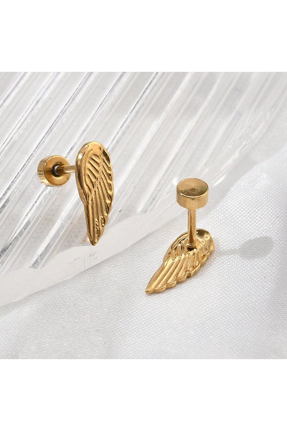 5pairs 304 Stainless Steel Stud Earrings Ion Plating(IP) Wing Left and Right golden 13x5mm
