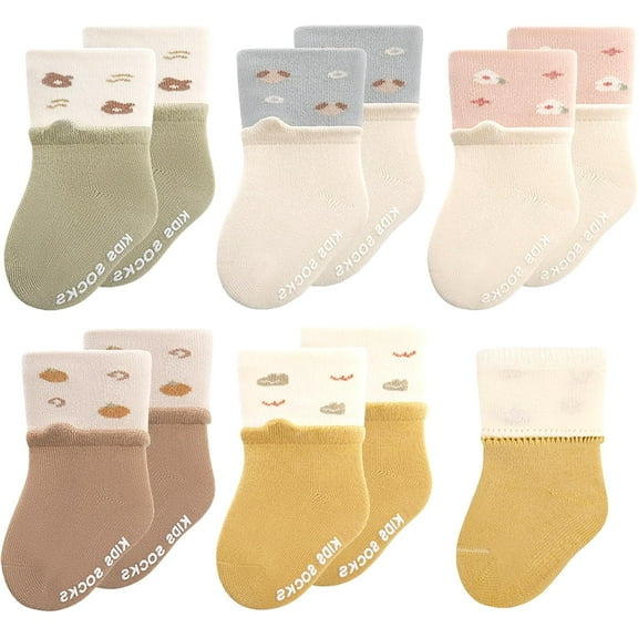 5pairs Baby Organic Cotton Socks Cartoon Newborn Anti Slip Crew socks Infant indoor walking Ankle socks