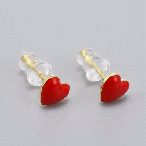 5pairs Brass Enamel Stud Earrings with Plastic Ear Nuts Long-Lasting Plated Heart Real 18K golden Plated Red 6x6.5mm Pin: 1mm