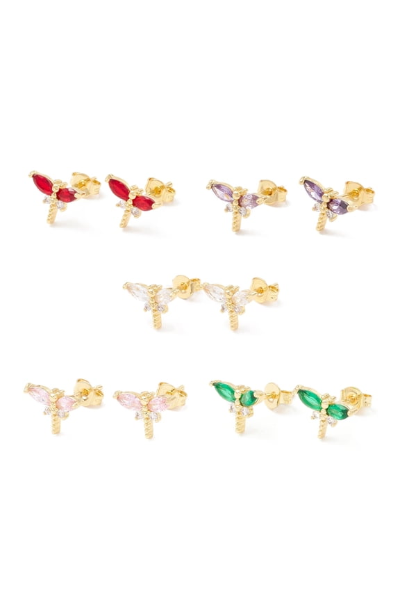 5pairs Brass Micro Pave Cubic Zirconia Stud Earring golden Dragonfly Mixed color 7.5x10mm Pin: 1mm