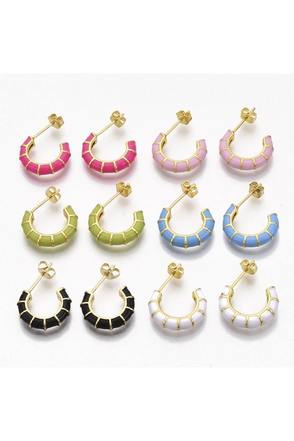 5pairs Brass Stud Earrings Half Hoop Earrings with Enamel and Earring Backs golden Bamboo Shape Mixed color 21x16.5x3.5mm Pin: 0.7mm