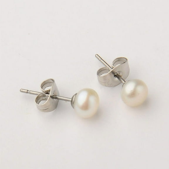 5pairs Grade AA Pearl Ball Stud Earrings with 304 Stainless Steel Earrings Components Seashell color 5~5.5mm Pin: 0.5mm