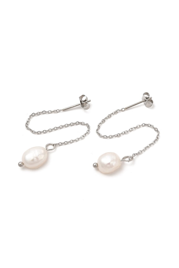 5pairs Natural Pearl Beaded Ear Thread 304 Stainless Steel Tassel Dangle Stud Earrings for Women Stainless Steel Color 88mm Pin: 0.7mm