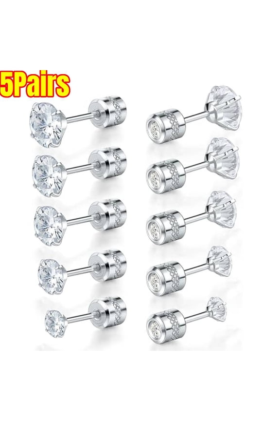5pairs Push-in Flat Back Stud Earrings Hypoallergenic  Stainless Steel Cubic Zirconia Earrings Studs Set Multi-Pack, CZ Stud Earrings for Women Men Trendy Cartilage Stud Earrings 2-8mm