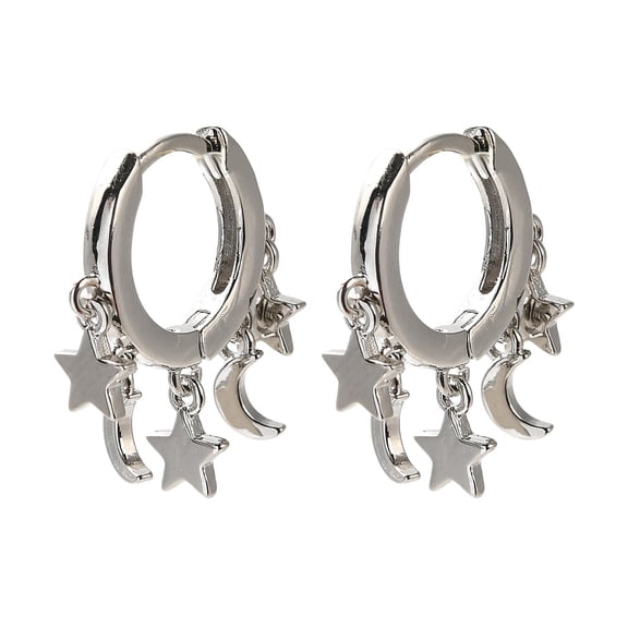 5pairs Rack Plating Brass Hoop Earrings Cadmium Free & Lead Free Long-Lasting Plated Star & Moon Platinum 17x15mm