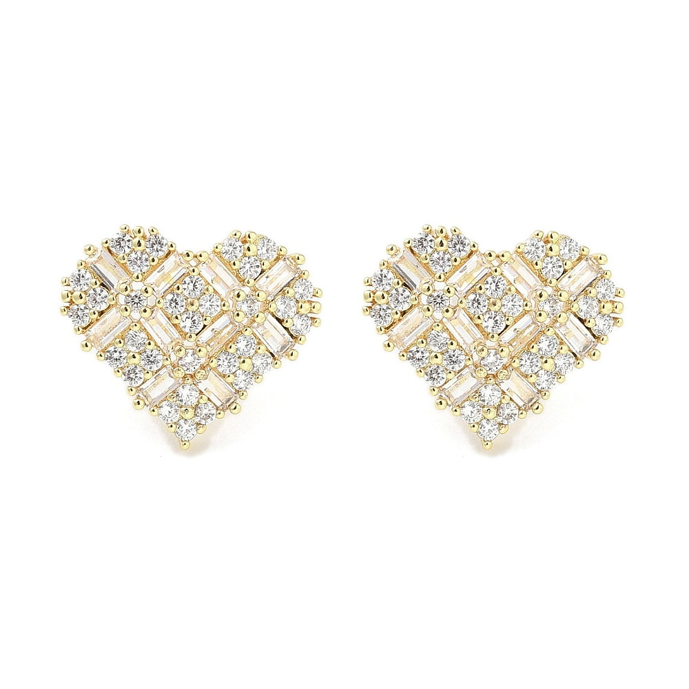 5pairs Rack Plating Brass Micro Pave Clear Cubic Zirconia Stud Earrings for Women Cadmium Free & Lead Free Long-Lasting Heart golden 14.5x17mm
