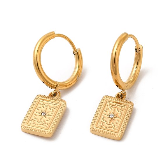 5pairs Rhinestone Rectangle with Star Dangle Hoop Earrings PVD Vacuum Plating 304 Stainless Steel Jewelry for Women Golden 27.5mm Pin: 0.9mm
