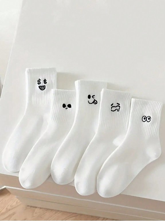 5pairs/Set Men's & Women's White Funny Face Mid-Calf Socks Ins Couple Socks For Casual