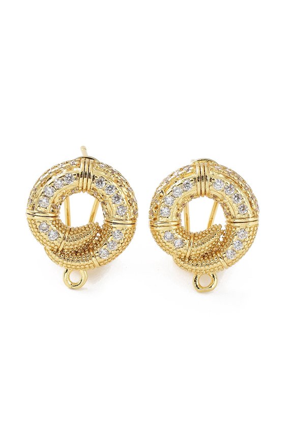 5pairs Twist Donut Brass Micro Pave Cubic Zirconia Stud Earrings Finding with Horizontal Loops Cadmium Free & Lead Free golden 18.5x15.5mm Hole: 1.6mm Pin: 0.8mm