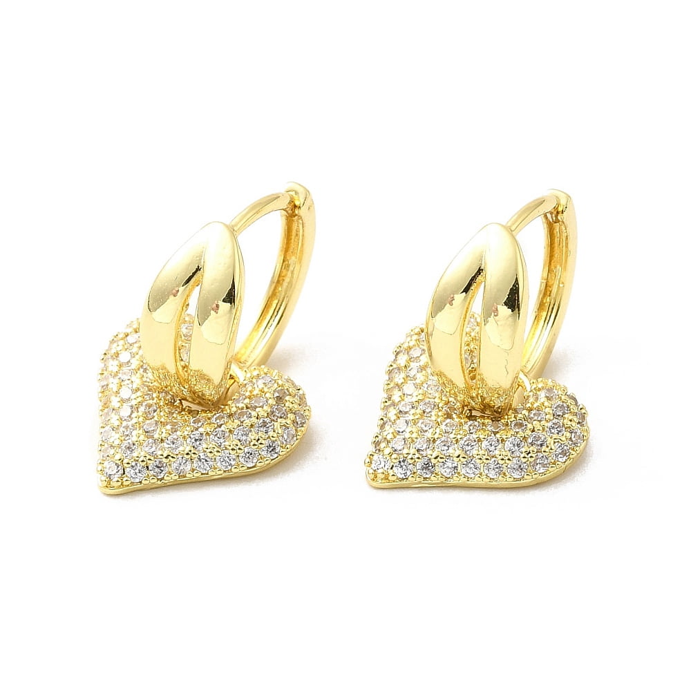 5pairs Valentine's Day Heart & Leaf Clear Cubic Zirconia Dangle Hoop Earrings Brass Jewelry for Women golden 24mm Pin: 0.8mm