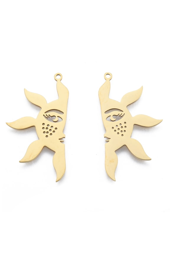 5pc 201 Stainless Steel Pendants Half Sun Charm Real 18K Gold Plated 38x20x1mm Hole: 1.5mm