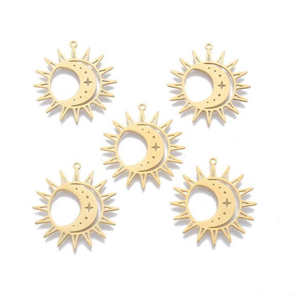 5pc 201 Stainless Steel Pendants Sun with Moon Real 18K Gold Plated 30.5x29x1mm Hole: 1.4mm