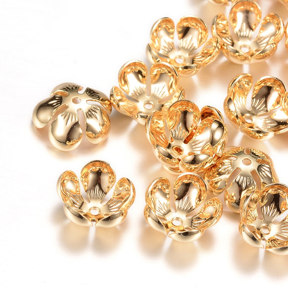 5pc 5-Petal Brass Bead Caps Flower Light Gold 13.5x6mm Hole: 1mm