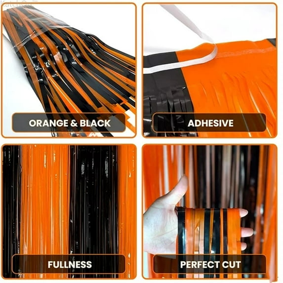 5pc 6.6x3.3Ft Orange & Black Foil Fringe Curtain, Halloween Door Streamers | Metallic Fringe for Halloween Decorations, Orange Party Photo Booth Props,Orange