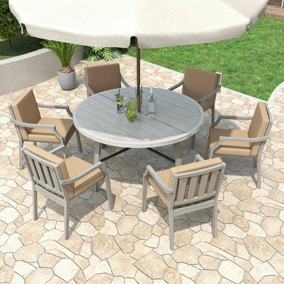 5pc\ 7pc Patio Dining Set with Umbrella Hole, Acacia Wood & Cushions，Outdoor Set Seats 4\ 6