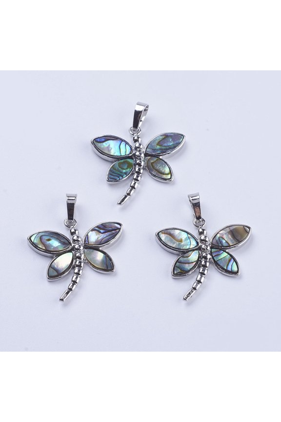 5pc Abalone Shell/Paua Shell Pendants with Platinum Tone Brass Bail Dragonfly 28x29x4mm Hole: 5x8mm
