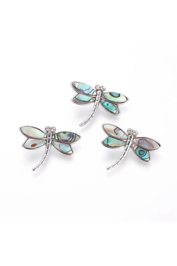 5pc Abalone Shell/Paua Shell Pendants with Platinum Tone Brass Findings and Rhinestone Dragonfly 24.5x31x7.5mm Hole: 2.5x5.5mm