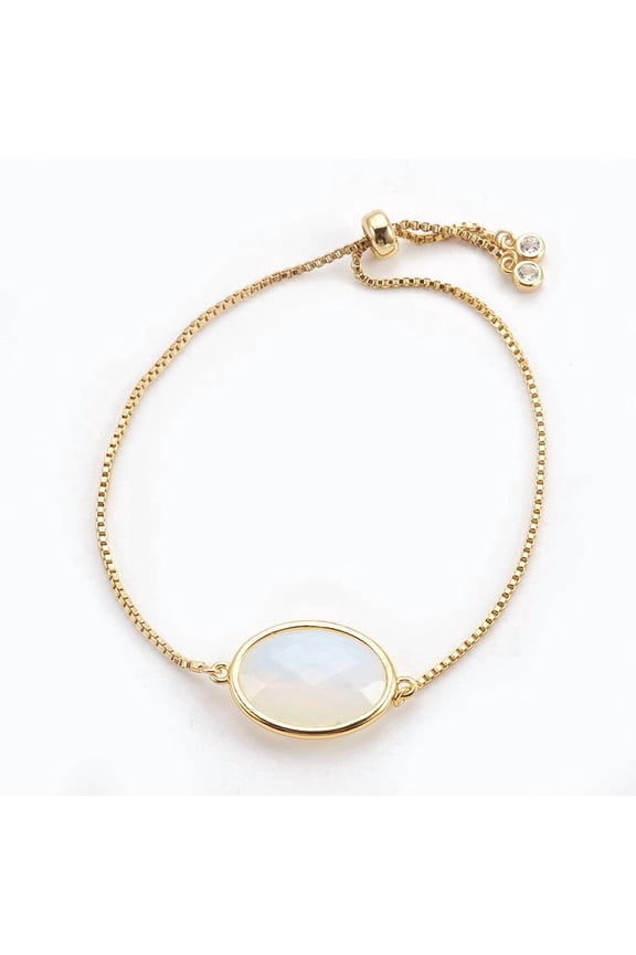 5pc Adjustable Brass Bolo Bracelets Slider Bracelets with Opalite Link and Cubic Zirconia Oval Golden 9-3/8 inch(23.9cm) 1mm