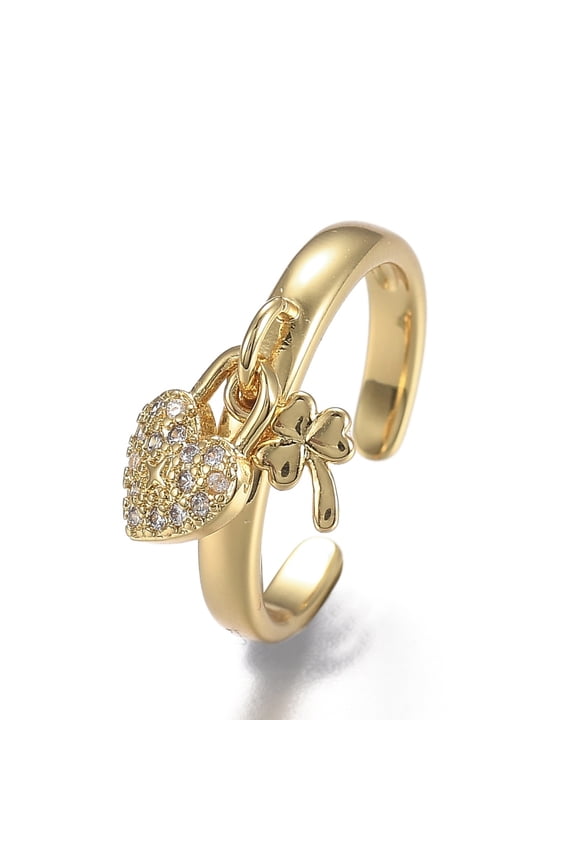 5pc Adjustable Brass Micro Pave Clear Cubic Zirconia Cuff Rings Open Rings Long-Lasting Plated Clover & Heart Lock Real 18K Gold Plated 3mm Inner Diameter: 17.8mm