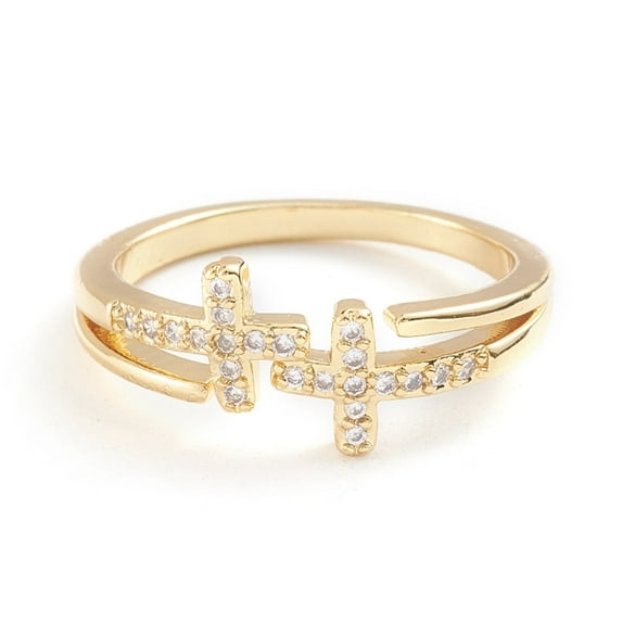5pc Adjustable Brass Micro Pave Clear Cubic Zirconia Long-Lasting Plated Cuff Rings Open Rings Cross Real 18K Gold Plated Size 7 Inner Diameter: 17mm