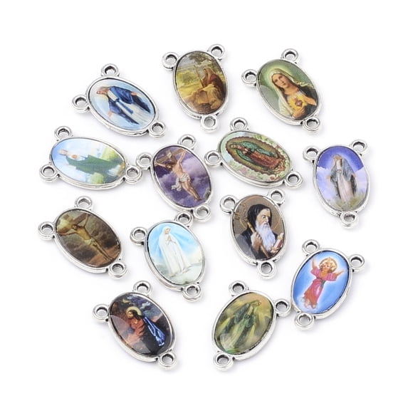 5pc Alloy Chandelier Component Links 3 Loop Connectors Rosary Center Piece For Easter Oval with Jesus Antique Silver Mixed Color 23x15x4mm Hole: 2mm