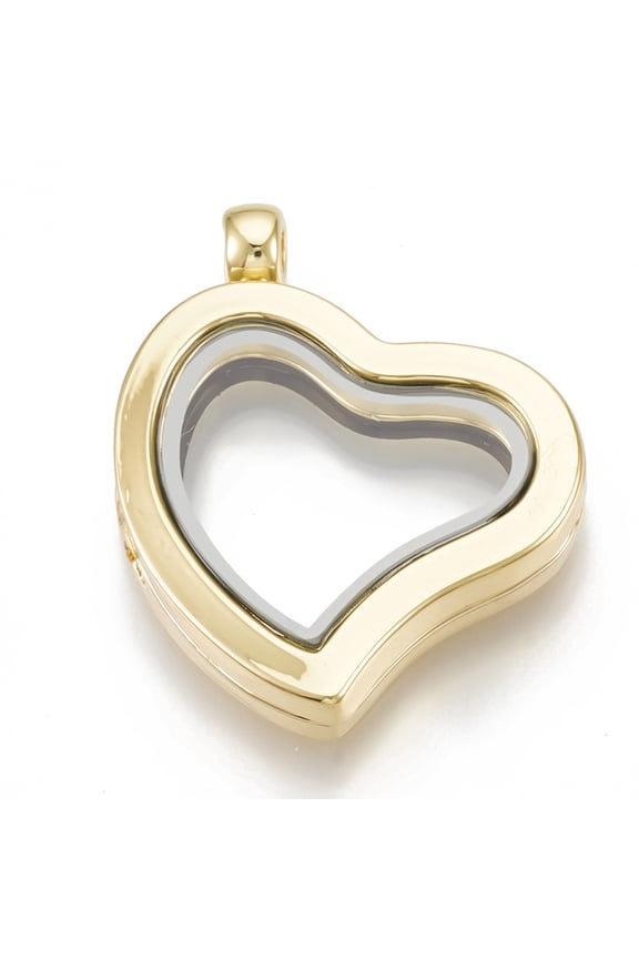 5pc Alloy Magnetic Locket Pendants with Glass Heart Golden 33x29x6.5mm Hole: 3mm Inner Measure: 16x20mm