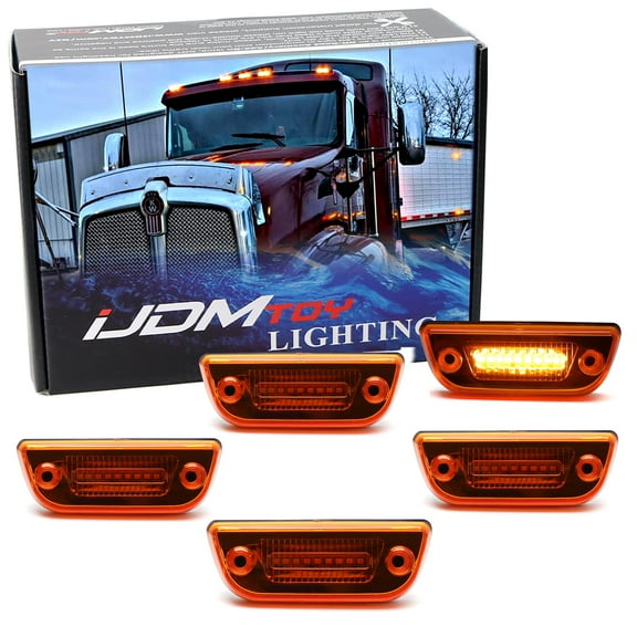 5pc Amber Lens Super Bright Amber Full LED Front Cab Roof Marker Lights For Kenworth T680 T770 T880, Peterbilt 579 Semi-Truck