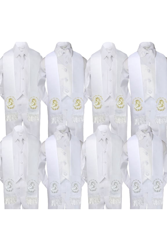 5pc Baby Boy Virgin Mary Pope Stole Baptism White Neck or Bow Tie Vest Suit Sm-7