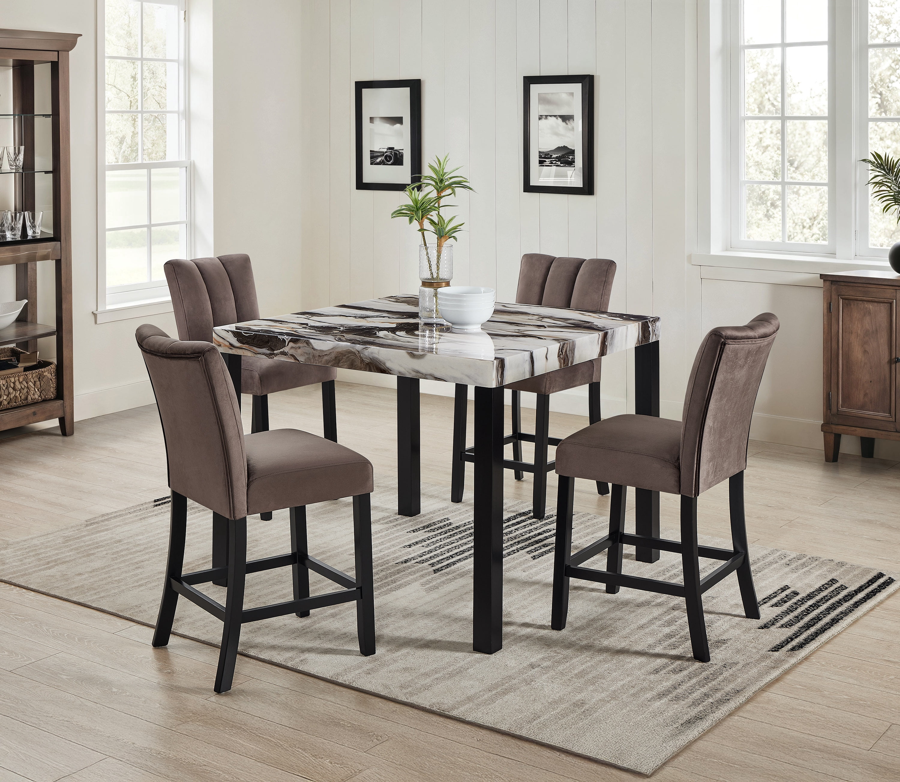 5pc Beautiful Black/Brown Faux Marble Counter Height Dining Set Square ...