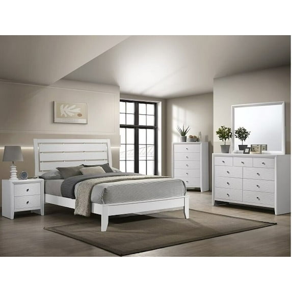 5pc Beautiful White Finish Queen Size Panel Bed Set Wooden Master Bedroom Furniture