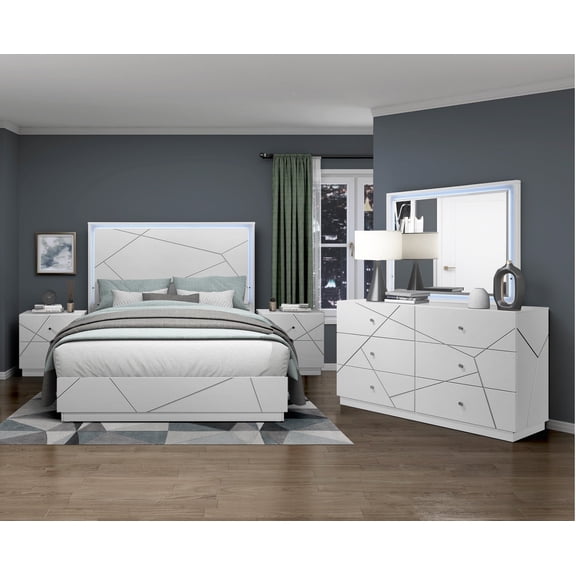 5pc Bedroom Furniture Set White Finish LED Cal-King Bed Nightstands Dresser Mirror
