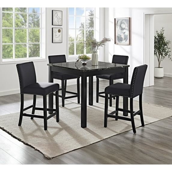 5pc Black Counter Height Dining Set: 42" Faux Marble Square Table & Upholstered Velvet Chairs with Nailhead Trim & Wooden Legs – Modern Dining Room Furniture for 4