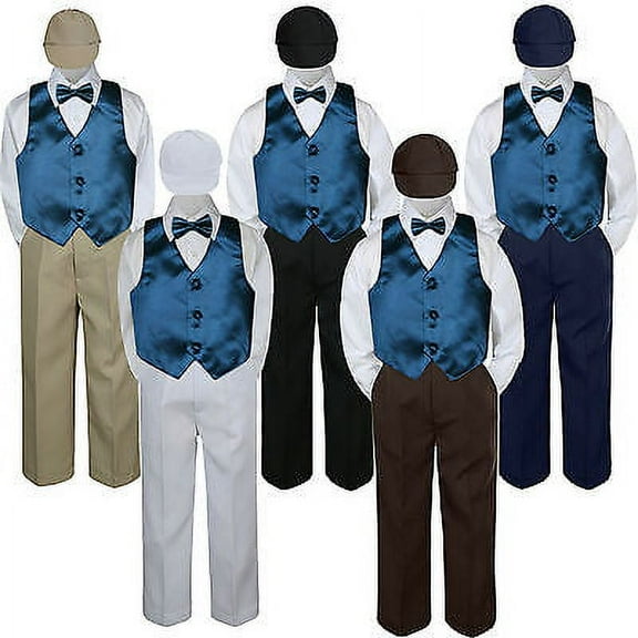 5pc Boy Suit Set Blue Teal Vest Bow Tie  Baby Toddler Kid Formal Hat Pants S-7