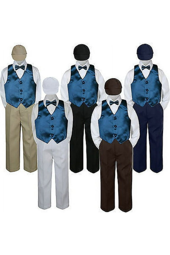 5pc Boy Suit Set Blue Teal Vest Bow Tie  Baby Toddler Kid Formal Hat Pants S-7
