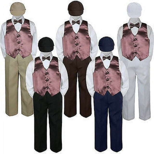 5pc Boy Suit Set Brown Coco Vest Bow Tie Baby Toddler Kid Formal Hat Pants S-7