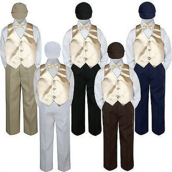 5pc Boy Suit Set Champagne Vest Bow Tie Baby Toddler Kid Formal Hat Pants S-7