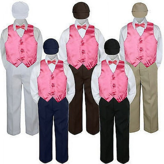 5pc Boy Suit Set Coral Pink Vest Bow Tie  Baby Toddler Kid Formal Hat Pants S-7