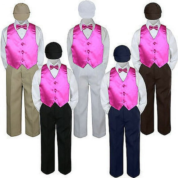 5pc Boy Suit Set Fuchsia Vest Bow Tie Baby Toddler Kid Formal Hat Pants S-7