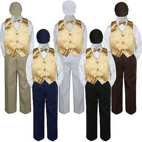 5pc Boy Suit Set Mustard Vest Bow Tie Baby Toddler Kid Formal Hat Pants S-7