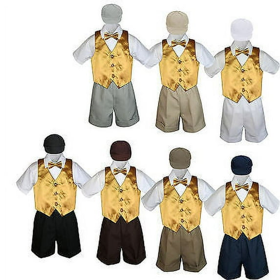 5pc Boy Toddler Formal Gold Yellow Vest Bow Tie Black Khaki Navy Hat Shorts S-4T
