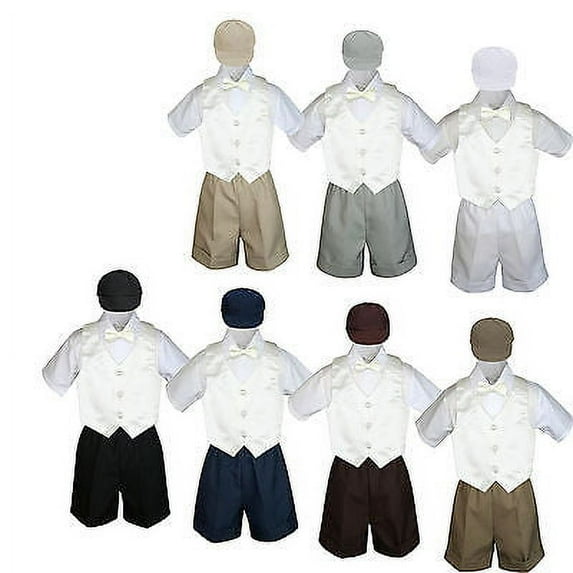 5pc Boy Toddler Formal Ivory Vest Bow Tie Black Khaki White Navy Hat Shorts S-4T