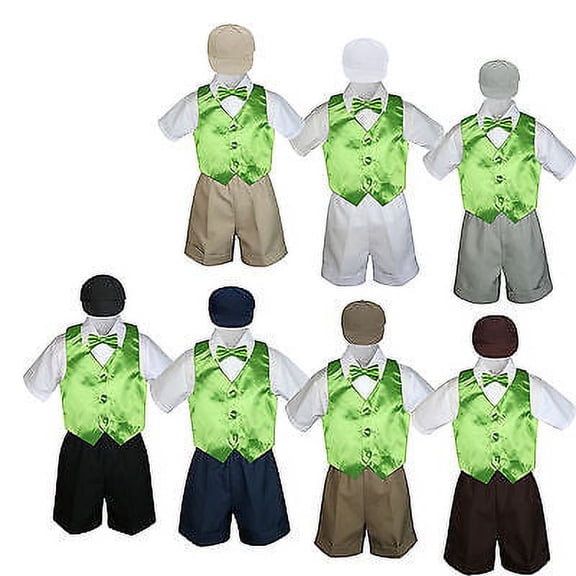 5pc Boy Toddler Formal Lime Green Vest Bow Tie Black Khaki Brown Hat Shorts S-4T