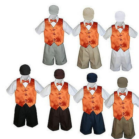 5pc Boy Toddler Formal Orange Vest Bow Tie Black Navy Gray White Hat Shorts S-4T