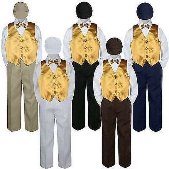 5pc Boys Suit Set Gold Vest Bow Tie Baby Toddlers Kids Formal Hat Pants S-7